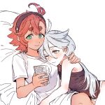  2girls akdrh25 antenna_hair aqua_eyes asymmetrical_bangs black_hairband black_tank_top blush closed_mouth couple cuddling grey_hair gundam gundam_suisei_no_majo hairband hand_on_another&#039;s_shoulder long_shirt miorine_rembran multiple_girls no_pants on_bed one_eye_closed pink_eyes reclining red_hair shirt short_hair short_sleeves simple_background smile suletta_mercury t-shirt tank_top white_background white_shirt yuri 