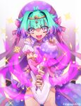  +_+ :d absurdres alternate_costume antenna_hair bare_shoulders bow chain chain_headband choker circlet detached_sleeves elbow_gloves eyebrows_hidden_by_hair facing_viewer fate/grand_order fate_(series) frilled_leotard frills gloves gold_circlet gradient_background gradient_hair green_hair hair_bow hair_ears heart-shaped_gem highleg highleg_leotard highres holding holding_staff kibinago_(kibinago614) large_hat leotard locusta_(fate) looking_at_viewer magic magical_girl multicolored_hair mushroom mushroom_hat pink_bow pink_gloves puffy_short_sleeves puffy_sleeves purple_choker purple_hair see-through_cleavage see-through_clothes sharp_teeth short_hair short_sleeves simple_background smile sparkle sparkling_eyes staff teeth two-tone_hair wand white_leotard 