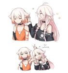  &gt;_&lt; 2girls ahoge ahoge_grab annoyed arrow_(symbol) blonde_hair blue_eyes braid cevio choker detached_sleeves english_text gradient_hair hair_between_eyes hair_flaps highres ia_(vocaloid) jewelry jitome long_hair long_hair_between_eyes mehyuew39 multicolored_hair multiple_girls one_(cevio) open_mouth orange_hair pink_hair ring short_hair_with_long_locks simple_background upper_body vocaloid white_background 