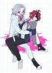  2boys ahoge aotsuki_eito black_pants black_shoes blood blood_on_clothes blood_on_face blood_on_mouth blood_on_neck blue_eyes blush cannibalism chinese_commentary closed_mouth commentary drawstring empty_eyes eyelashes glasses grey_hair grey_jacket hand_on_another&#039;s_cheek hand_on_another&#039;s_face hand_up highres hood hood_down hooded_jacket hoodie jacket jacket_over_hoodie long_sleeves male_focus multicolored_hair multiple_boys pants pink_blood rectangular_eyewear red_hair semi-rimless_eyewear shoes short_hair sitting smile sneakers streaked_hair sumino_takumi the_hundred_line_-last_defense_academy- two-tone_hair white_hoodie white_jacket white_pants white_shoes xuxigua1029 