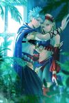  1boy 1girl against_wall arabian_clothes armlet armor black_pants blonde_hair blue_cape blue_eyes blue_hair blurry blurry_foreground bra bracelet breastplate bridal_gauntlets camus_(dq11) cape circlet commentary_request couple dancer&#039;s_costume_(dq) depth_of_field detached_sleeves dragon_quest dragon_quest_xi earrings gold_armlet gold_bracelet gold_circlet gold_earrings grey_pantyhose hair_pulled_back hairband hcomoch_(mochizaki) head_tilt hetero highres hoop_earrings jewelry kabedon leaf linea_alba long_hair looking_at_viewer looking_to_the_side midriff navel official_alternate_costume pants pantyhose purple_eyes purple_sarong red_bridal_gauntlets red_hairband red_nails red_thong sarong senya_(dq11) short_hair spiked_hair strapless strapless_bra toned toned_male underwear window 