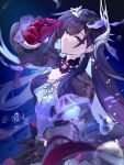  1girl artist_name bad_source black_gloves black_hair blue_eyes breasts bubble crying dress earrings gloves hair_ornament highres honkai:_star_rail honkai_(series) hysilens_(honkai:_star_rail) jewelry long_hair long_sleeves looking_at_viewer parted_lips purple_dress purple_hair red_gloves ring solo tears underwater yexizhi 