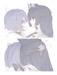  ... 2girls absurdres animal_ear_fluff animal_ears belle_(zenless_zone_zero) black_hair blue_hair blush braid fox_ears fox_girl green_eyes hair_blush half_up_braid heart highres hoshimi_miyabi kiss long_hair looking_at_another multiple_girls red_eyes short_hair spoken_ellipsis translation_request yuri zenless_zone_zero zzzii0 