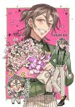  &gt;:) 1boy :d ^_^ arm_at_side arm_behind_back border bouquet bow brown_shoes bungou_to_alchemist character_name cherry_blossoms chibi chibi_inset closed_eyes collared_shirt contrast_collar cross-laced_shoes full_body green_shirt grin hair_between_eyes half_updo happy_aura holding holding_bouquet kikuchi_kan_(bungou_to_alchemist) light_blush long_sleeves looking_at_viewer male_focus medium_hair multiple_views outline outside_border pants pink_background red_eyes shirt shoes signature simple_background smile socks solo standing star_(symbol) striped_clothes striped_pants suspenders sweet_pea tareme tasikanakoto upper_body v-shaped_eyebrows vertical-striped_clothes vertical-striped_pants white_border white_bow white_outline white_pants yellow_socks 