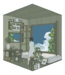  1girl barefoot basket bed black_hair blue_sky bob_cut book chair cloud commentary_request day desk_lamp diorama dress from_behind hanging_light highres indoors jar lamp ma_(mamamauuuuu) open_window original picture_frame plant potted_plant shelf short_hair short_sleeves sky solo table vase walking white_dress wide_shot wind_chime window wooden_chair wooden_floor wooden_stool wooden_table 