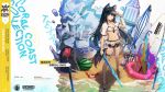 1girl animal_ear_fluff animal_ears arknights bangs beach bikini bikini_skirt black_hair blush breasts brown_eyes cooler crab food fruit groin hair_between_eyes highres holding holding_sword holding_weapon jacket long_hair looking_at_viewer medium_breasts mouth_hold navel open_clothes open_jacket pocky red_hair sandals see-through solo standing stomach surfboard swimsuit sword tail texas_(arknights) thigh_strap thighs visor_cap watermelon weapon white_bikini white_jacket wolf_ears yuuki_mix 