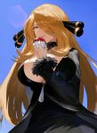 1girl black_choker black_coat black_nails blonde_hair blue_sky breasts choker closed_mouth coat commentary_request cynthia_(pokemon) from_below fur-trimmed_sleeves fur_trim grey_eyes hair_ornament hair_over_one_eye hand_up highres holding holding_poke_ball large_breasts lips long_bangs long_hair poke_ball poke_ball_(basic) pokemon pokemon_(game) pokemon_dppt sky solo teshio_(user_fgyd2233) upper_body very_long_hair 
