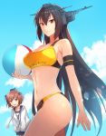  2girls ball beach_volleyball black_hair black_swimsuit breasts brown_eyes brown_hair closed_mouth clothes_writing cloud collarbone cowboy_shot day eyebrows_visible_through_hair hair_between_eyes headgear holding holding_ball jacket kantai_collection kasumi_(skchkko) large_breasts long_hair long_sleeves multiple_girls nagato_(kantai_collection) name_tag navel one-piece_swimsuit open_mouth red_eyes sports_bikini sportswear swimsuit swimsuit_under_clothes volleyball white_jacket yukikaze_(kantai_collection) 