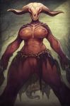  1girl abs areolae ass_visible_through_thighs breasts brick_wall capra_demon club commentary cyancapsule dark_nipples dark_souls demon_girl demon_horns demon_tail dual_wielding english_commentary exposed_bone extra_eyes highres holding holding_weapon horns large_breasts loincloth looking_at_viewer muscle muscular_female navel nipples no_panties no_pupils pink_eyes red_skin scar sharp_teeth solo souls_(from_software) standing tail teeth thick_thighs thighs topless weapon you_gonna_get_raped 