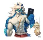  abs anthro biceps canid canine canis cheong_hwan fox fur green_eyes group hair hi_res male mammal muscular muscular_anthro muscular_male pecs phone_call red_eyes scar simple_background sye_(wolfmalro) wolf wolfmalro 