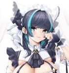  1girl :3 animal_ears aqua_eyes azur_lane bangs black_hair blue_neckwear blunt_bangs blush breasts buki_nankou cat_ears cheshire_(azur_lane) cleavage cleavage_cutout close-up commentary cropped curtains detached_sleeves dress earrings eyebrows_visible_through_hair fang frilled_hairband frilled_headband frilled_ribbon frills hair_intakes hairband highres jewelry large_breasts looking_at_viewer maid_dress maid_headdress multicolored_hair neck_ribbon paw_pose puffy_detached_sleeves puffy_sleeves purple_apron ribbon sidelocks skin_fang skindentation smile solo standing streaked_hair thighhighs wrist_cuffs zettai_ryouiki 