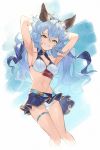  1girl absurdres animal_ears armpits arms_up bangs bikini bikini_skirt blue_hair blue_ribbon blush breasts cleavage earrings erune eyebrows_visible_through_hair ferry_(granblue_fantasy) flower granblue_fantasy grin hair_between_eyes hair_flower hair_ornament hair_ribbon highres jewelry joker_(tomakin524) lips long_hair looking_at_viewer medium_breasts navel ponytail ribbon single_earring smile solo swimsuit thigh_strap wavy_hair wet yellow_eyes 