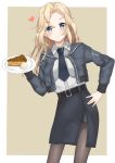  1girl absurdres blonde_hair blush closed_mouth eyebrows_visible_through_hair grey_eyes heart highres holding holding_plate hornet_(kantai_collection) kantai_collection long_hair namakarashi plate smile solo 