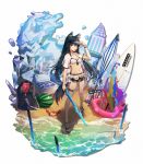  1girl animal_ear_fluff animal_ears arknights bangs beach bikini bikini_skirt black_hair blush breasts brown_eyes cooler crab food fruit groin hair_between_eyes highres holding holding_sword holding_weapon jacket long_hair looking_at_viewer medium_breasts mouth_hold navel open_clothes open_jacket pocky red_hair sandals see-through solo standing stomach surfboard swimsuit sword tail texas_(arknights) thigh_strap thighs visor_cap watermelon weapon white_bikini white_jacket wolf_ears yuuki_mix 