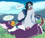  anthro anthro_on_anthro avian bird black_hair blue_body blue_eyes blue_fur blush breasts breath_of_the_wild detailed_background dialogue dialogue_box duo female female_on_top female_penetrated fluffy fluffy_tail fur genitals hair male male/female male_on_bottom male_penetrating male_penetrating_female multicolored_body multicolored_fur nintendo on_bottom on_top open_mouth open_smile penetration penis purple_body purple_fur pussy rito sex smile tattoorexy the_legend_of_zelda tongue two_tone_body two_tone_fur vaginal vaginal_penetration video_games white_body white_fur wings 