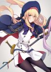  1girl absurdres artoria_pendragon_(all) artoria_pendragon_(caster) bangs belt blonde_hair blue_belt blue_capelet blue_headwear blush breasts cape capelet fate/grand_order fate_(series) gloves green_eyes highres holding holding_staff long_hair long_sleeves looking_at_viewer multicolored multicolored_cape multicolored_capelet multicolored_clothes nanakaku smile staff sword weapon 