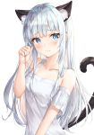  1girl absurdres animal_ear_fluff animal_ears bangs bare_shoulders blue_eyes blush breasts cat_ears cat_girl cat_tail closed_mouth collarbone commentary_request eyebrows_visible_through_hair grey_hair hand_up highres kokose long_hair looking_at_viewer original paw_pose shirt short_sleeves silver_hair simple_background solo tail tail_raised upper_body white_background white_shirt 