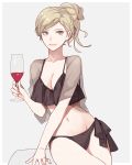  1girl alcohol bikini black_bikini blonde_hair blue_eyes breasts cleavage cowboy_shot cup drinking_glass grey_background hair_between_eyes kantai_collection kasumi_(skchkko) long_hair looking_at_viewer medium_breasts mole mole_under_eye mole_under_mouth richelieu_(kantai_collection) side-tie_bikini side_ponytail simple_background sitting solo swimsuit wine wine_glass yokozuwari 