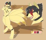  anthro black_hair canid canine fangs fluffy fluffy_tail fox fur genitals hair male mammal multicolored_hair open_mouth red_eyes red_hair simple_background solo tattoo tattoorexy tongue two_tone_hair yellow_body yellow_fur 