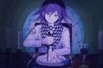  1boy ako_(td110349-7517) apple bangs candle chair checkered checkered_scarf cup danganronpa drinking_glass food fruit hair_between_eyes holding holding_knife knife knife_game long_sleeves male_focus new_danganronpa_v3 ouma_kokichi plate purple_eyes purple_hair scarf sitting smile solo straitjacket table wine_glass 
