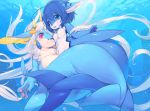  2girls ahoge animal_ears arm_around_back arm_around_neck bangs blue_background blue_eyes blue_hair blue_theme blush breast_press breasts bubble commentary_request eyebrows_visible_through_hair fish_girl fish_tail full_body furry hand_on_another&#039;s_face happy horns hug kishibe long_hair looking_at_viewer monster_girl multiple_girls navel nude open_mouth original parted_lips pawpads paws pink_eyes seashell_hair_ornament shiny shiny_hair shiny_skin short_hair sidelocks small_breasts smile tail tongue underwater very_long_hair white_hair yuri 