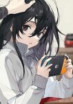  1girl 1other bangs black_eyes black_hair eyebrows_behind_hair eyebrows_visible_through_hair hair_between_eyes hair_ornament hairclip hand_on_another&#039;s_head headpat holding jacket looking_at_viewer namakawa nintendo_switch original playing_games short_hair upper_body 