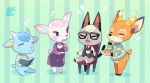  1girl 3boys :3 animal_ears bangs barefoot black-framed_eyewear black_vest blue_hair blue_neckwear blush blush_stickers book bottomless cat_ears cat_tail chair closed_eyes closed_mouth commentary_request cookie cup deer_ears deer_tail doubutsu_no_mori dress drink fangs flat_chest food formal full_body furry glasses gradient gradient_background green_background green_sweater grey_sweater hands_up happy holding horns jack_(doubutsu_no_mori) kishibe legs_together long_sleeves multiple_boys musical_note natalie_(doubutsu_no_mori) necktie open_book open_mouth pawpads paws peter_(doubutsu_no_mori) pink_hair plate platinum_blonde_hair purple_dress purple_eyes rem_(doubutsu_no_mori) saucer shiny shiny_hair shirt short_hair simple_background sitting smile standing striped striped_background sweater tail tea teacup vest white_shirt 