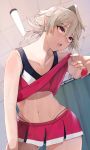  1boy asymmetrical_hair blush cheerleader collarbone commentary_request corrin_(fire_emblem) corrin_(fire_emblem)_(male) cowboy_shot crossdressing eyelashes fire_emblem fire_emblem_fates hair_between_eyes head_tilt highres indoors lifted_by_self looking_to_the_side medium_hair midriff miniskirt nail_polish navel open_mouth otoko_no_ko pointy_ears red_eyes red_shirt red_skirt shirt shirt_lift sidelocks skirt sleeveless sleeveless_shirt solo sweat sweatdrop w_(1999_kyu) 