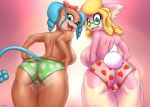  amanda_(aj_the_flygon) anthro anthrofied audino blonde_hair blue_hair breasts butt clothing duo fan_character female food fruit hair lillian_(aj_the_flygon) looking_at_viewer nintendo panties plant pok&eacute;mon pok&eacute;mon_(species) pok&eacute;morph schwoo simipour strawberry underwear video_games 