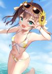  1girl :d aqua_eyes bangs bare_legs bikini blush bracelet breasts brown_hair cleavage commentary day earrings eyebrows_visible_through_hair eyewear_on_head flower front-tie_bikini front-tie_top hair_flower hair_ornament hair_ribbon highres hololive jewelry lemon_print looking_at_viewer natsuiro_matsuri navel ocean open_mouth outdoors ribbon saki_(saki_paint) side_ponytail sidelocks small_breasts smile solo standing standing_on_one_leg stomach sunflower sunglasses sunlight swimsuit v virtual_youtuber water 