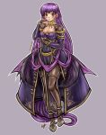  1girl absurdly_long_hair absurdres blush braid breasts cape cleavage cloak commission commissioner_upload cosplay dress fire_emblem fire_emblem:_the_binding_blade fire_emblem_heroes highres holding long_hair medium_breasts pantyhose purple_eyes purple_hair simple_background solo sophia_(fire_emblem) tacoyaki tharja_(fire_emblem) very_long_hair 