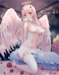  1girl :o angel angel_wings arms_behind_back bangs blush bow bow_panties breasts collarbone commentary_request crescent cross crotch_rub eyebrows_visible_through_hair feathered_wings flower frills halo heavy_breathing highres large_breasts long_hair navel no_shoes open_mouth original panties petals pillow_sex pink_hair red_flower red_rose rose rose_petals solo star_(symbol) tandohark thighhighs topless underwear underwear_only upper_teeth very_long_hair white_legwear white_panties white_wings wings 