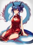  1girl arknights bangs bare_arms bare_shoulders blue_hair breasts ch&#039;en_(arknights) china_dress chinese_clothes chizuru_(ambient) cleavage cleavage_cutout commentary_request double_bun dragon_horns dragon_tail dress grey_background hair_between_eyes highres horns long_hair looking_at_viewer medium_breasts partial_commentary pink_eyes red_dress sidelocks sitting sleeveless sleeveless_dress solo tail thighs yokozuwari 