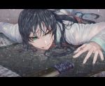  1girl black_hair blood blood_on_face dagger dying fate/grand_order fate_(series) green_eyes highres jing_ke_(fate/grand_order) letterboxed long_hair lying on_floor on_stomach rain scroll smile weapon wet wet_clothes yuurei447 