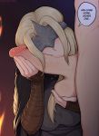  1boy 1girl afrobull arm_wrap ashen_one_(dark_souls_3) bandaged_arm bandages blonde_hair blush caressing_testicles clothed_female_nude_male covered_eyes dark_souls_iii english_text erection fire_keeper highres large_penis lips long_hair mask nude oral penis penis_kiss sidelighting solo_focus souls_(from_software) speech_bubble 