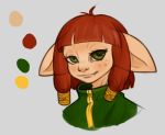  accessory asura big_ears colored cute_fangs female freckles green_eyes guild_wars hair hair_accessory hi_res humanoid portrait red_hair simple_background solo tan_body tan_skin tkraccoon video_games 