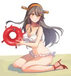  1girl bikini black_hair brown_eyes commentary_request enemy_lifebuoy_(kantai_collection) frilled_bikini frills hair_ornament hairclip haruna_(kantai_collection) headgear kantai_collection kasumi_(skchkko) kneeling long_hair looking_at_viewer open_toe_shoes red_footwear shinkaisei-kan smile swimsuit two-tone_background white_background white_bikini 
