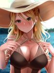  1girl adjusting_clothes adjusting_swimsuit bangs bare_shoulders black_swimsuit blonde_hair blurry blurry_background blush breasts brown_eyes brown_hair choker cleavage cleavage_cutout collarbone commentary_request dark_skin earrings gradient_hair gyaru hair_between_eyes hat highres idolmaster idolmaster_shiny_colors izumi_mei jewelry large_breasts long_hair looking_at_viewer multicolored_hair outdoors revision smile solo sun_hat swimsuit testame wet 