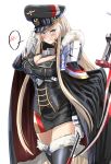  1girl absurdres aiguillette azur_lane bismarck_(azur_lane) black_legwear blonde_hair blue_eyes blush cape fur-trimmed_cape fur_trim grey_eyes hat hey_taishou highres iron_cross long_hair looking_at_viewer medal military military_hat military_uniform peaked_cap solo spoken_blush thighhighs uniform 