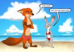  2020 6vulpes anthro barefoot beach bikini canid canine clothed clothing cloud crossed_arms detailed_background dialogue disney duo english_text female fox fur gloves_(marking) grey_body grey_fur hi_res judy_hopps lagomorph leg_markings leporid male mammal markings nick_wilde open_mouth open_smile orange_body orange_fur outside rabbit red_fox sand sea seaside sky smile socks_(marking) speech_bubble standing swimming_trunks swimwear text topless water zootopia 