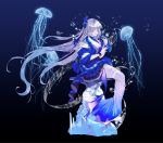  1girl absurdres ahoge bangs blunt_bangs braid commentary_request dress full_body highres iida100ii instrument jellyfish long_hair looking_at_viewer musical_note original silver_hair sitting solo very_long_hair 