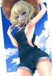  1girl absurdres alternate_costume arm_up armpits bangs bare_arms bare_shoulders blonde_hair blue_eyes blue_sky blush braid breasts brown_headwear colorado_(kantai_collection) commentary_request cowboy_shot day denim drinking_straw eyebrows_visible_through_hair from_below hand_on_headwear highres huge_filesize kantai_collection makura_(user_jpmm5733) naked_overalls outdoors outside_border overalls short_hair sideboob sky small_breasts solo 