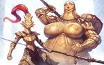  2girls armor blood bloody_weapon breastplate breasts commentary covered_face cyancapsule dark_souls dragon_slayer_ornstein english_commentary executioner_smough full_armor gauntlets genderswap genderswap_(mtf) giantess gold_armor gorget hand_on_hip height_difference helmet high_ponytail holding holding_spear holding_weapon huge_breasts huge_weapon knight lipstick long_hair looking_at_viewer makeup mallet multiple_girls nipples plate_armor plump polearm red_hair red_lipstick shoulder_armor souls_(from_software) spear spikes weapon weapon_on_back you_gonna_get_raped 
