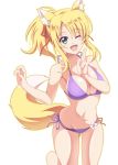  1girl animal_ears azumaya_hironaru bikini blonde_hair blush breasts cleavage collarbone commentary commentary_request dog_days eyebrows_visible_through_hair fox_ears fox_tail green_eyes groin highres large_breasts looking_at_viewer navel one_eye_closed open_mouth ponytail purple_bikini simple_background solo swimsuit tail white_background yukikaze_panettone 