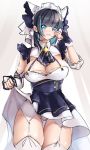  1girl :3 animal_ears aqua_eyes ass_visible_through_thighs azur_lane bangs black_hair blue_neckwear blunt_bangs blush breasts buki_nankou cat_ears cheshire_(azur_lane) cleavage cleavage_cutout commentary cowboy_shot curtains detached_sleeves dress dress_lift earrings eyebrows_visible_through_hair fang frilled_hairband frilled_headband frilled_ribbon frills garter_belt groin hair_intakes hairband highres jewelry large_breasts lifted_by_self looking_at_viewer maid_dress maid_headdress multicolored_hair neck_ribbon panties pantyshot paw_pose puffy_detached_sleeves puffy_sleeves purple_apron ribbon sidelocks sketch skin_fang skindentation smile solo standing streaked_hair thighhighs underwear white_legwear white_panties wrist_cuffs zettai_ryouiki 