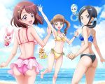  3girls ass bangs bikini bikini_skirt bird black_hair blue_sky blunt_bangs bracelet breasts brown_eyes brown_hair bunny cat cleavage cloud commentary_request cowboy_shot day feet_out_of_frame from_behind grey_eyes hair_ornament hairclip hanadera_nodoka hanzou healin&#039;_good_precure highres hiramitsu_hinata jewelry long_hair looking_at_viewer looking_back medium_breasts mismatched_bikini multiple_girls nyatoran_(precure) ocean open_mouth outdoors pegitan_(precure) pink_bikini pink_eyes ponytail precure rabirin_(precure) sawaizumi_chiyu shallow_water short_hair side-tie_bikini sky smile standing swimsuit twintails water yellow_bikini 