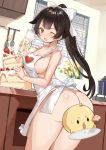  1girl ;o apron ass azur_lane bare_arms bare_shoulders black_hair blinds bow breasts brown_eyes bxr cake cleavage convenient_censoring cowboy_shot food hair_bow highres holding indoors large_breasts leaning_forward long_hair looking_at_viewer looking_back manjuu_(azur_lane) naked_apron one_eye_closed open_mouth ponytail sideboob solo standing takao_(azur_lane) twisted_torso 