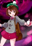  1girl absurdres backpack bag bangs blush bob_cut brown_backpack brown_eyes brown_hair buttons cardigan collared_dress commentary_request dress dynamax_band green_headwear grey_cardigan highres holding holding_poke_ball looking_at_viewer miyama-san open_mouth outstretched_arms pink_dress poke_ball poke_ball_(basic) pokemon pokemon_(game) pokemon_swsh shiny shiny_skin solo tam_o&#039;_shanter teeth tongue upper_teeth yuuri_(pokemon) 