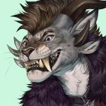  1:1 2020 anthro black_lips brown_hair charr clothed clothing digital_media_(artwork) felid fur grey_body grey_fur guild_wars hair lips male mammal open_mouth rogueliger simple_background solo teeth tongue video_games 