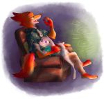  2020 anthro blueberry_(fruit) bottomwear canid canine cellphone chair clothed clothing disney duo eating food fox fruit fully_clothed fur furniture grey_body grey_fur hi_res holding_cellphone holding_food holding_object holding_phone judy_hopps lagomorph leporid mammal nick_wilde onomimononnon open_mouth open_smile orange_body orange_fur phone plant purple_eyes rabbit reclining red_fox sharp_teeth shorts smile teeth watching_tv zootopia 